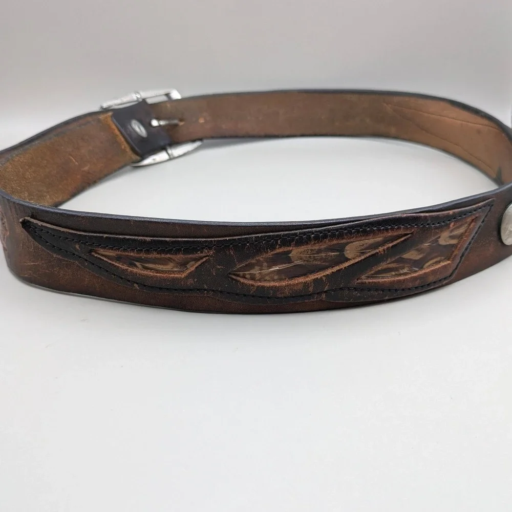 Vintage Indian Motorcycle Tooled Leather Belt Feather Buffalo Nickel Concho Sz34